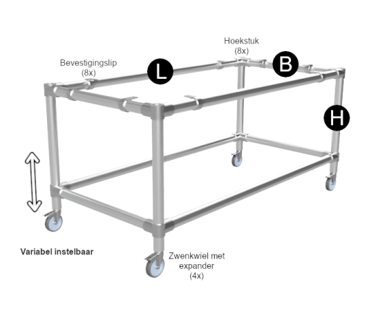 Werktafel onderstel met onder-etage uit gegalvaniseerde buis Ø 48,3 mm zwenkwielen